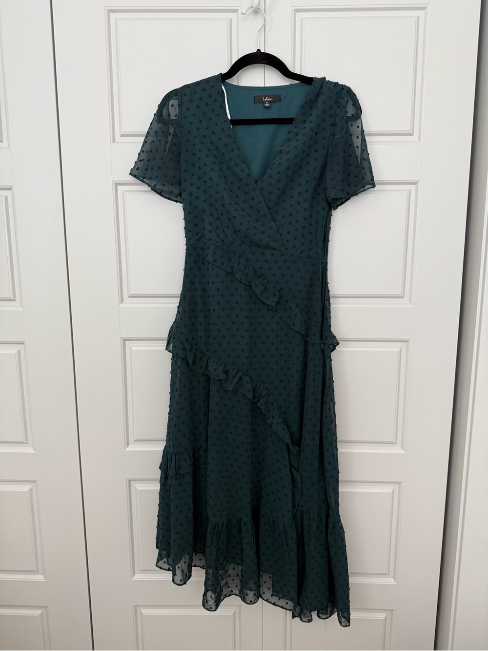 Lulu's Teal Swiss Dot Wrap Midi Dress with Ruffle Trim